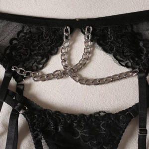 Set lenjerie intima se y din dantela brodata si lanturi decorative, negru, 4 piese #BB4003 - Img 7