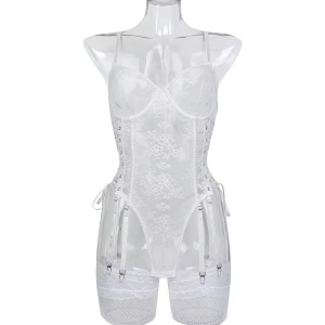 Set lenjerie intima sexy din dantela, body cu snururi laterale si ciorapi plasa inalti, alb, 2 piese #BB4300 - Img 15