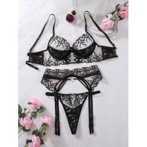 Set lenjerie intima sexy din dantela brodata cu insertii de piele ecologica, negru, 3 piese #BB4605 - Img 9