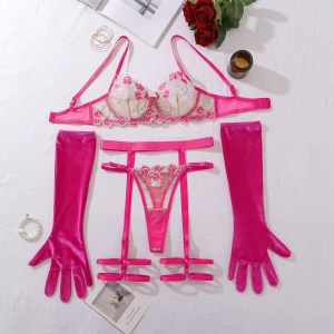 Set lenjerie intima sexy din dantela brodata cu manusi, roz neon, 4 piese #BB4761 - Img 10