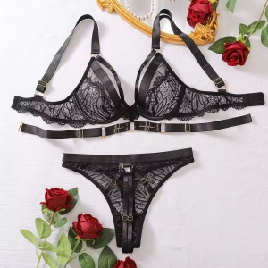 Set lenjerie intima sexy din dantela brodata, negru, 2 piese #BB4762 - Img 7