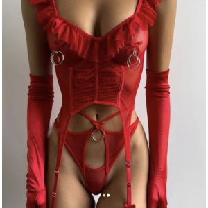 Set lenjerie intima sexy din dantela fina elastica cu elemente metalice decorative, rosu, 4 piese #BB4587 - Img 3