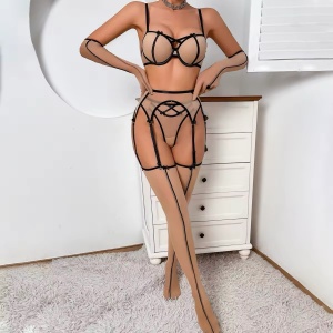 Set lenjerie intima sexy din dantela fina elastica cu manusi si ciorapi inalti, nude , 5 piese #BB4038 - Img 5