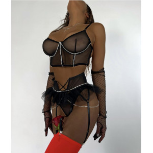 Set lenjerie intima sexy din dantela fina, tul si cristale, negru, 3 piese #BB4394