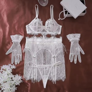Set lenjerie intima sexy din dantela si puf cu manusi, alb, 4 piese #BB4756 - Img 8