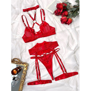Set lenjerie intima sexy din satin si plasa, elemente metalice, rosu, 4 piese #BB4399 - Img 8