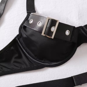 Set lenjerie intima sexy elastica cu decupaje la slip si sutien, catarame decorative, negru, 4 piese #BB4480 - Img 12