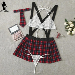 Set lenjerie intima sexy tematica scolarita cu fusta in carouri si sutien din dantela, alb/rosu, 4 piese #BB4439 - Img 9