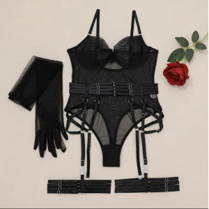 Set lenjerie sexy cu body din dantela fina si manusi, negru, 4 piese #BB4583 - Img 6