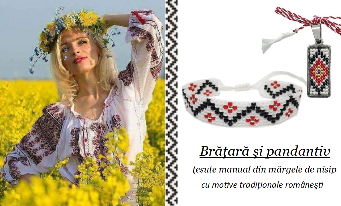 Bratara martisor din margele tesute manual Dar cu dor - motiv traditional zig zag rosu si negru