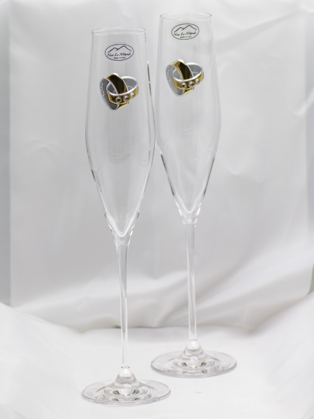 Cadou Nunta Miri - Set 2 pahare de cristal pentru sampanie medalion Verighete
