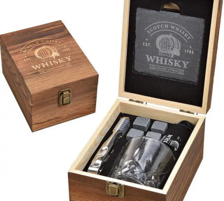 Set Cadou Whisky Stones - Cuburi de racire din granit, Pahar de whisky in cutie lemn de pin + coaster