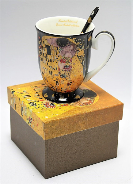 Set cadou cana cu lingurita Klimt - The Kiss - Negru 300 ml