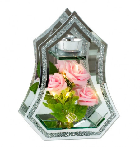 Cadou Aranjament Lux - Romanta - Vas de sticla Brilliant, Trandafiri roz, lumini LED si Lumanare 23,5x18cm - Img 2