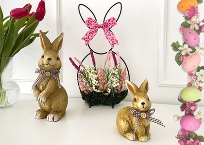 Decor floral de Paste suport metalic Iepuras cu fundita roz 37x19 cm - Img 2