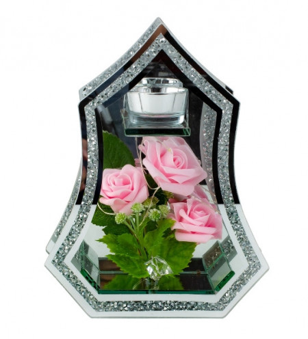 Cadou Aranjament Lux - Romanta - Vas de sticla Brilliant, Trandafiri roz, lumini LED si Lumanare 23,5x18cm - Img 3