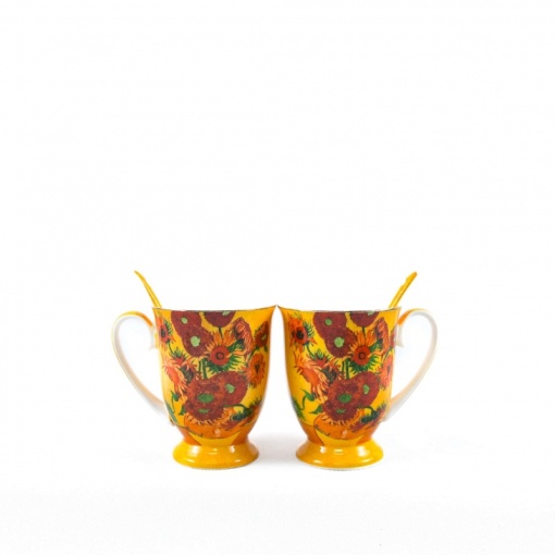 Set cadou 2 Cani picturi Van Gogh - Floarea Soarelui - 280 ml cu Lingurite in cutie Inima - Img 2