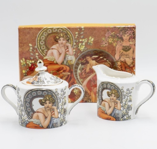 Set zaharnita latiera pentru servire ceai cafea picturi Alfons Mucha - Img 2