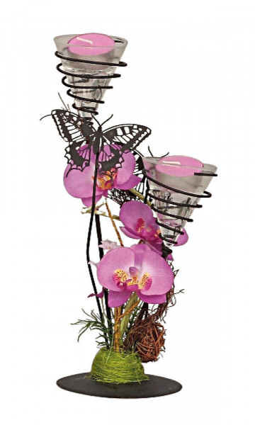 Aranjament floral mov de primavara cu fluturi pe suport de lumanari metalic 27x13 cm - Img 2