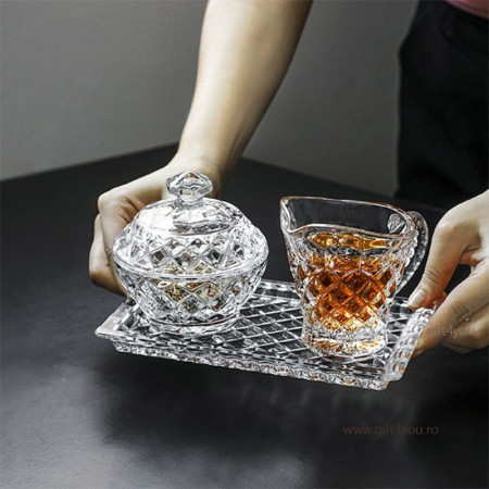 Cristal Bohemia - Set 3 piese tava, zaharnita si latiera pentru servire ceai sau cafea Marsilia - Img 2