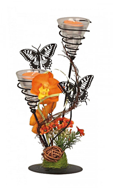 Aranjament floral oranj de primavara cu fluturi pe suport de lumanari metalic 27x13 cm - Img 2