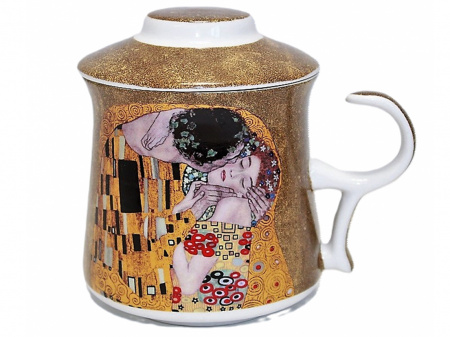Cana de ceai cu infuzor metalic si capac Klimt Kiss Gold 300 ml - Img 2