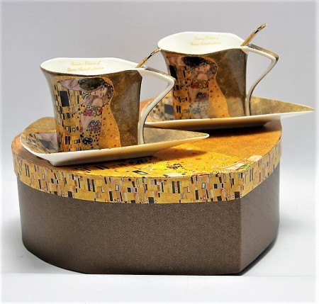 Set cadou Klimt - The Kiss auriu - Serviciu de cafea 2 pers cana cafea 250ml, lingurita, farfurie triunghi