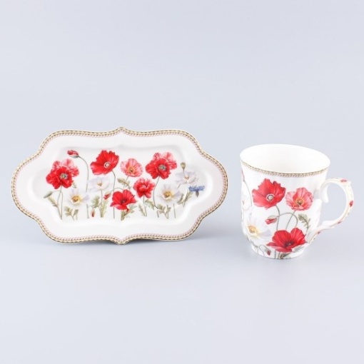 Set mic dejun Cana de ceai 250 ml si tavita cu Maci rosii - Img 3