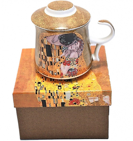 Cana de ceai cu infuzor metalic si capac Klimt Kiss Gold 300 ml - Img 3