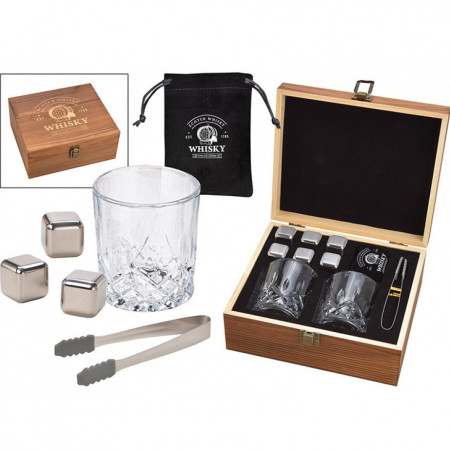 Cadou Set de Whisky DeLuxe - Cuburi de racire Steel Ice Cubes, Pahare de whisky in cutie de lemn