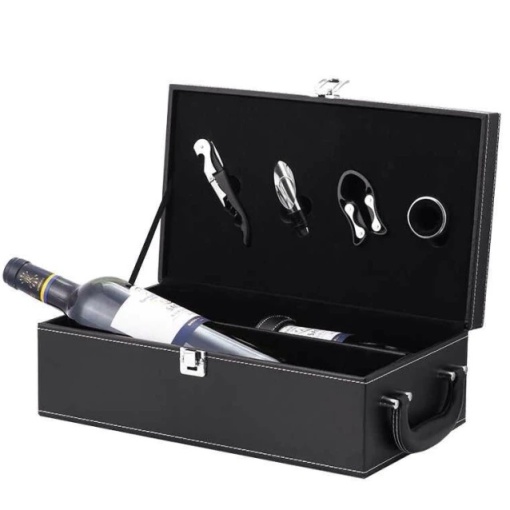Cutie de vin din piele pentru 2 sticle de vin cu Accesorii pentru servirea vinului - Img 2