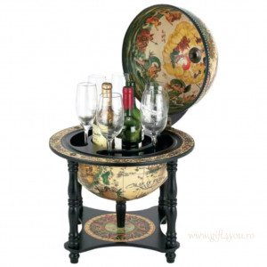 Bar Glob Pamantesc din lemn masiv, culoare alb, cu picioare de lemn 57x42x42 cm