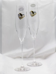 Cadou Nunta Miri - Set 2 pahare de cristal pentru sampanie medalion Verighete