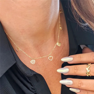 Colier Placat cu Aur de 14K-Model Lantisor Fin cu Pandantive Inimioare - Img 1