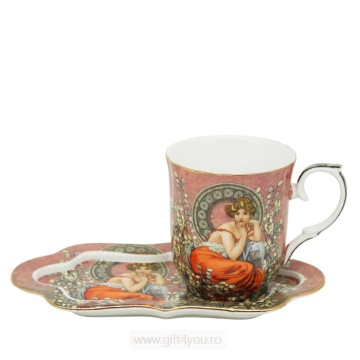 Set mic dejun Cana de ceai 360 ml si tavita cu picturi Alphonse Mucha cafeniu