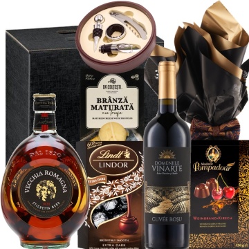 Cadou barbati Black Delis - Brandy italian, Branza maturata, Vin rosu si Accesorii elegante pentru vin