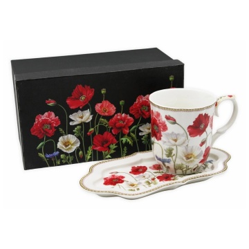 Set mic dejun Cana de ceai 250 ml si tavita cu Maci rosii