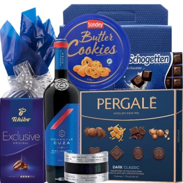 Cadou Out of The Blue - Vin rosu, Biscuiti cu unt si Termometru sticla de vin