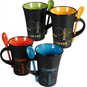 Incalzitor + Cana neagra de cafea cu lingurita ceramica