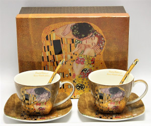 Set cadou cani cu farfurii si lingurite Klimt - The Kiss - Auriu - 250 ml