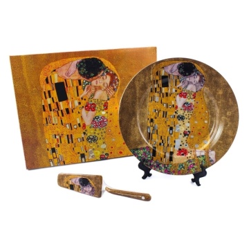 Set de tort Klimt - The Kiss - auriu 2 piese - Platou si Lopatica