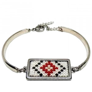 Bratara-martisor inox cu insertie margele cusute manual - motiv romb rosu si negru - Img 2