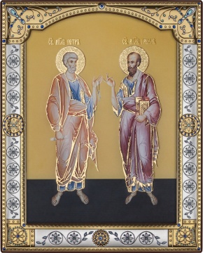 Icoana argintata pe sticla cu foita de aur Sf Apostoli Petru si Pavel