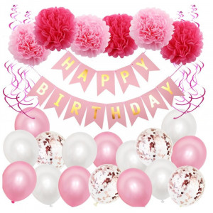 Pachet clasic baloane decor petrecere Happy Birthday roz
