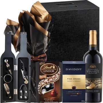Cadou Black Tie - Ciocolata premium, Vin rosu si Accesorii elegante pentru vin