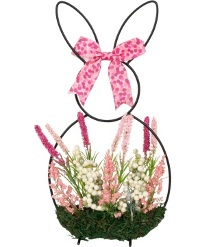 Decor floral de Paste suport metalic Iepuras cu fundita roz 37x19 cm