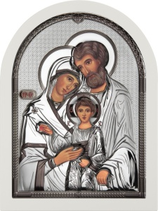 Icoana argintata arcuita Sfanta Familie argintiu - rama alba