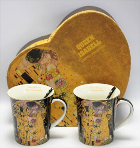 Set cadou 2 cani Klimt - The Kiss - Negru 300 ml - cu lingurite