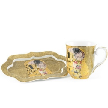 Set mic dejun Cana de ceai 360 ml si tavita cu picturi Klimt - Kiss auriu - Img 1