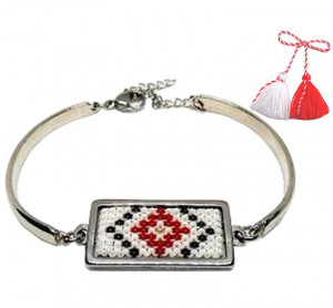 Bratara-martisor inox cu insertie margele cusute manual - motiv romb rosu si negru